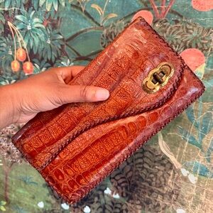 Vtg Genuine Alligator Skin Clutch Envelope Handbag Brown Leather Artisan 1950s